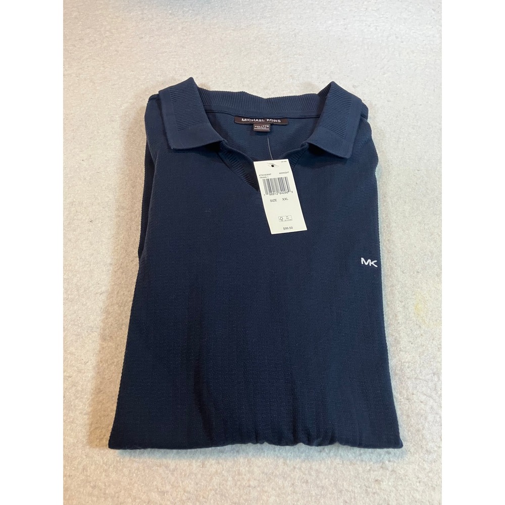 Michael Kors Mens Midnight‎ Navy Blue V-Neck Knit Polo Shirt MK Logo XXL NWT